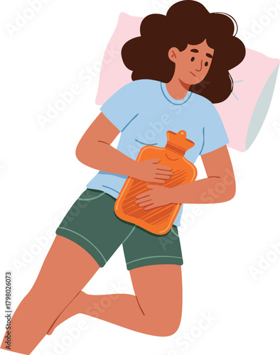 Woman lying down holding hot water bottle for stomach pain relief in casual clothes vector illustration 