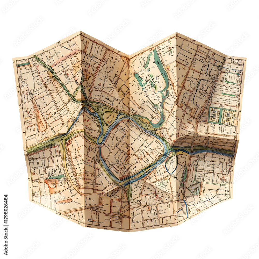 Obraz premium Vintage paper city map neatly folded revealing streets and blue waterways