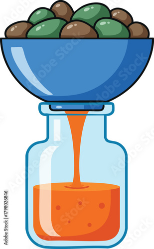 Olive oil production with green and brown olives pouring fresh juice into glass bottle vector illustration 