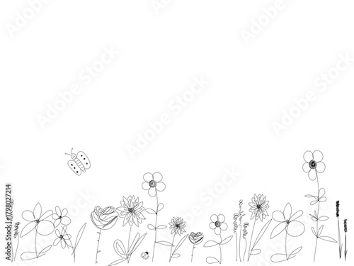 Flower Doodles with Butterfly Cute Floral Sketch Vector Illustration