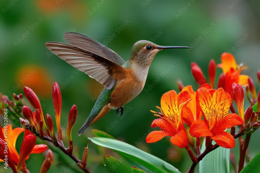 Fototapeta premium A beautiful Rufous-tailed hummingbird flying near vibrant orange flowers, showcasing its iridescent plumage and delicate wings in a lush green environment, creating a stunning natural composition.