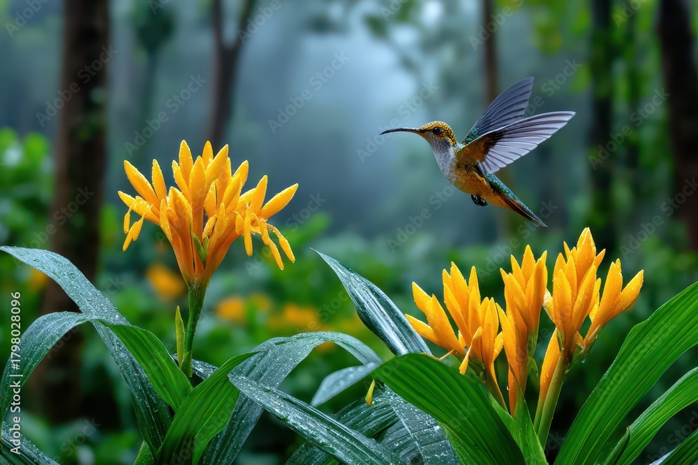 Fototapeta premium A vibrant hummingbird hovers mid-air near bright yellow flowers in a lush green forest, creating a beautiful and natural scene that captures the essence of wildlife.