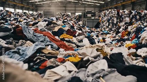 Massive textile piles, recycling process insight, eco-friendly initiatives, Earth Day spotlight, industrial setting