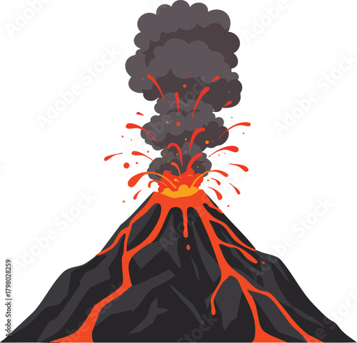 Volcano erupting with flowing lava and dark smoke plume natural disaster eruption vector illustration 
