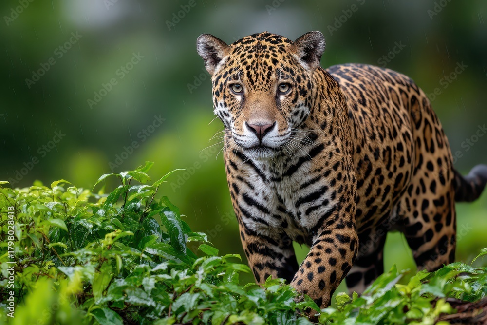 Fototapeta premium A magnificent jaguar prowling through the lush green foliage of a rainforest environment, its powerful form captured in a striking portrait against the blurred background.