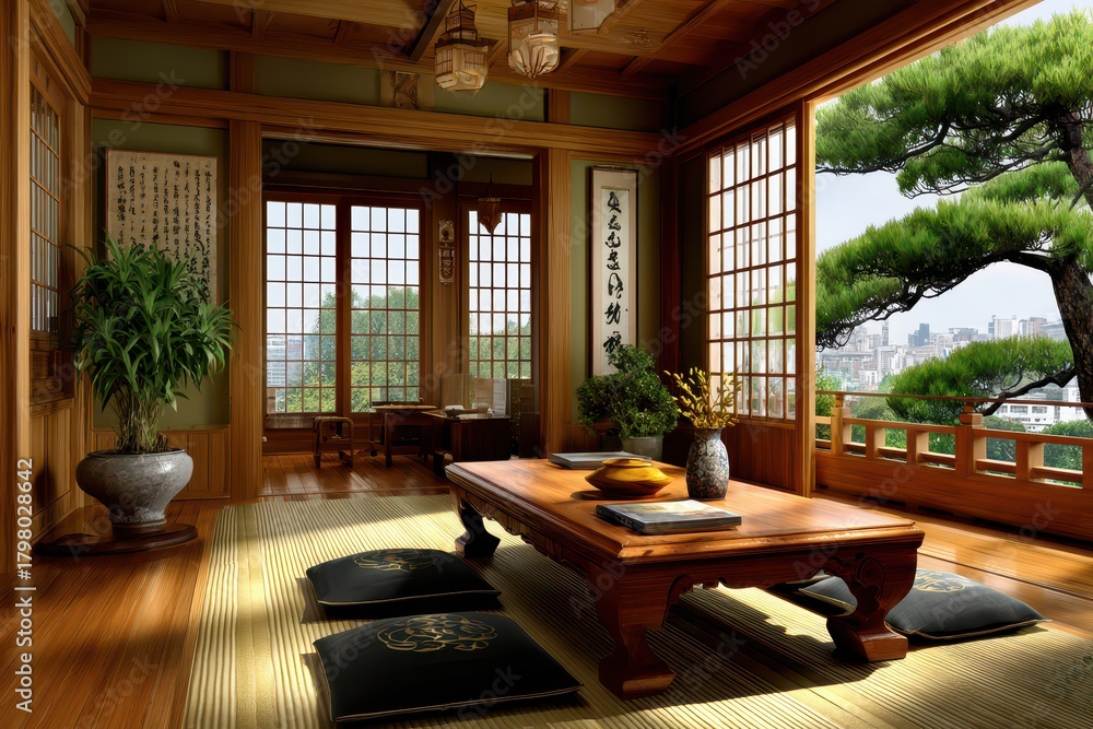 Fototapeta premium An elegant and serene Japanese-style room featuring tatami mats, shoji screens, and a traditional wooden table, with a view of a modern cityscape beyond a lush garden.