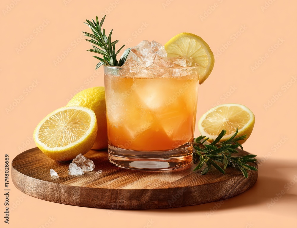 Fototapeta premium Refreshing Lemonade Cocktail with Rosemary and Ice Cubes.
