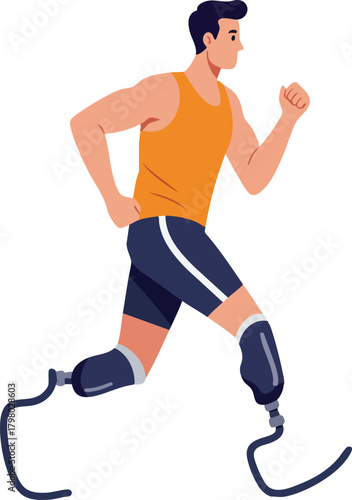 Male Athlete with Running Blades Sprinting in Orange Tank Top and Blue Shorts Vector Illustration 