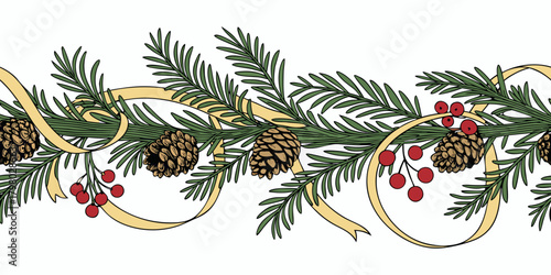 Realistic vector Christmas garland horizontal border with fir branches, pine cones, red berries and flowing golden ribbon on white background