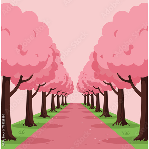 Cherry blossom tree alley with pink flowers and green grass landscape in square orientation vector illustration 