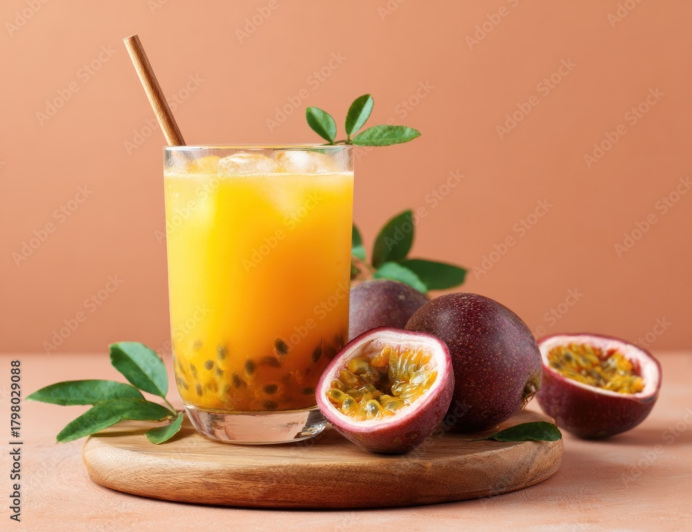 Fototapeta premium Refreshing Passion Fruit Juice with Ice and Fresh Fruit.