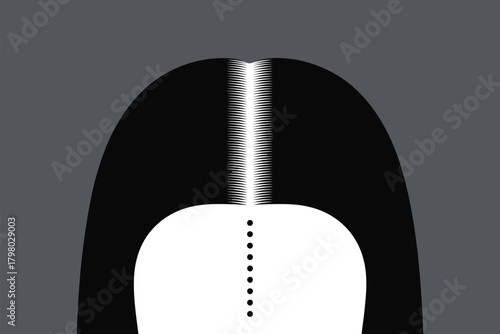A stylized back view of a person with long black hair and a white shirt against a gray background