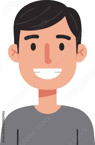 Smiling young man with black hair in grey shirt cheerful friendly male avatar vector illustration 