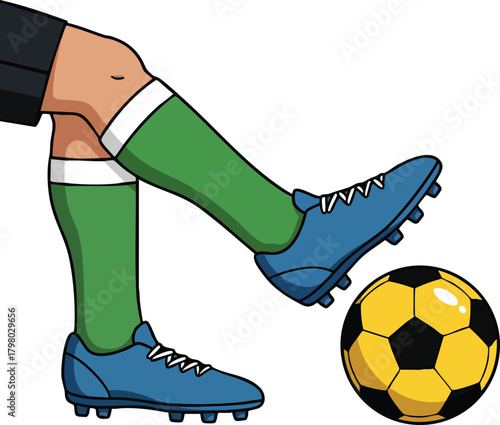 Soccer player kicking classic black and yellow ball with blue cleats and green socks vector illustration 