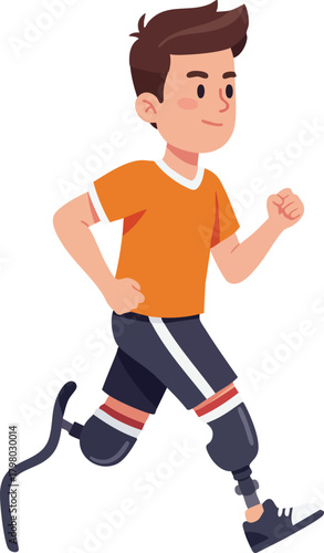 Young boy running with prosthetic leg in orange shirt and black shorts active lifestyle vector illustration 