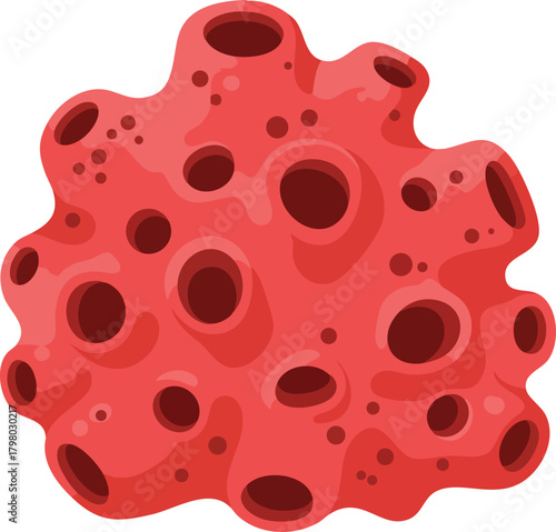 Red porous rock with multiple holes natural volcanic formation vector illustration for geology and nature studies 