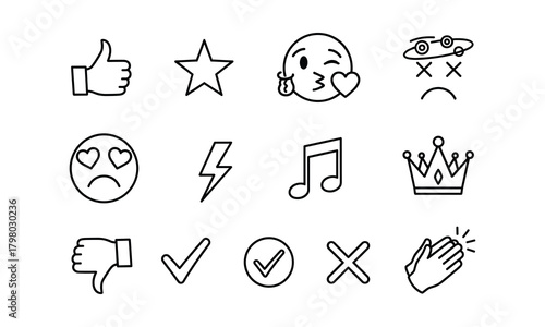 Collection of handdrawn line art icons including emojis, a star, a crown, and musical notes