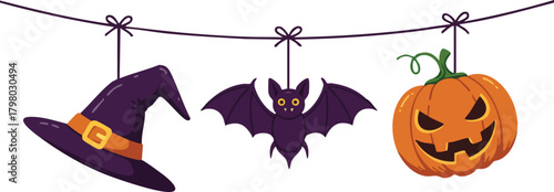 Halloween decorations with witch hat bat and jack o lantern pumpkin hanging on string vector illustration 