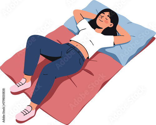Woman Relaxing on Pillow and Blanket Resting Comfortably in Casual Outfit Vector Illustration 