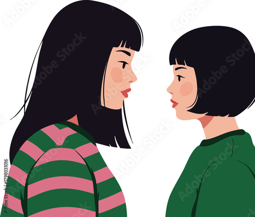Two women facing each other with distinctive hairstyles and casual clothing in profile view vector illustration 