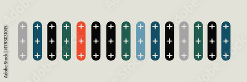 A pattern of colored rectangles with rounded ends and three plus signs on each rectangle in a row