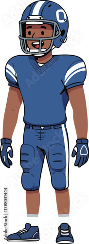 American football player wearing blue uniform and helmet standing ready for game action vector illustration 