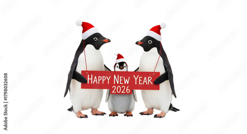 Obraz premium Adorable penguins wishing happy new year 2026 wearing santa hats on transparent background