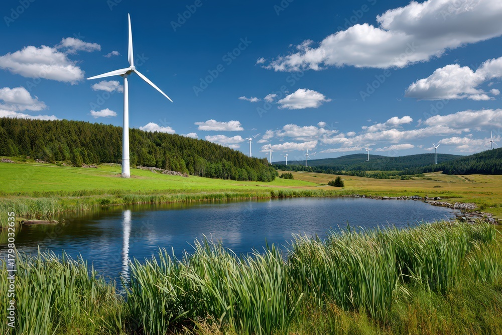 Fototapeta premium Scenic landscape with a lake reflecting wind turbines under a blue sky with scattered clouds, showcasing sustainable energy production in a natural environment.