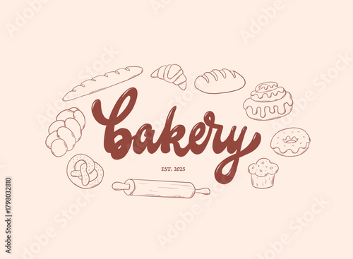 Bakery lettering quoite decorated with monochrome doodles for logos, prints, banners, cards, posters, social media, product packsaing, etc. EPS 10