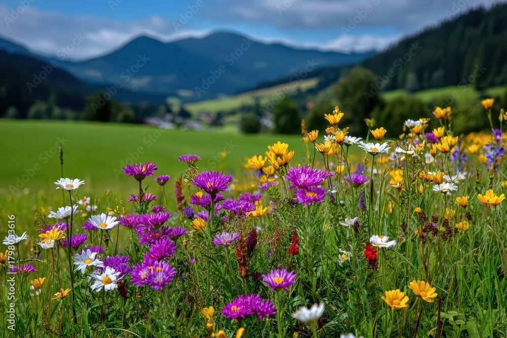 Fototapeta premium A colorful field of wildflowers in full bloom with scenic backdrop of green hills, showcasing the natural beauty and vibrant colors of rural countryside.