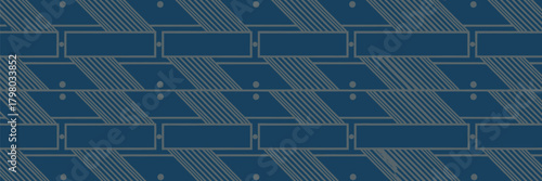 A dark blue abstract pattern featuring rectangles, diamonds, lines, and dots in a repeating design