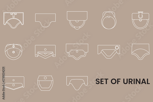 Set of Urinal Icons, bathroom, wc, customizable stroke, vector, illustration