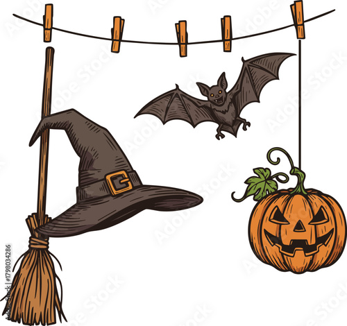 Halloween witch hat broomstick bat and jack o lantern pumpkin hanging on clothesline decoration vector illustration 