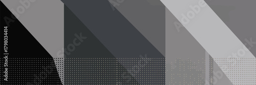 A grayscale abstract design featuring geometric shapes and dotted patterns in varying shades of gray and black