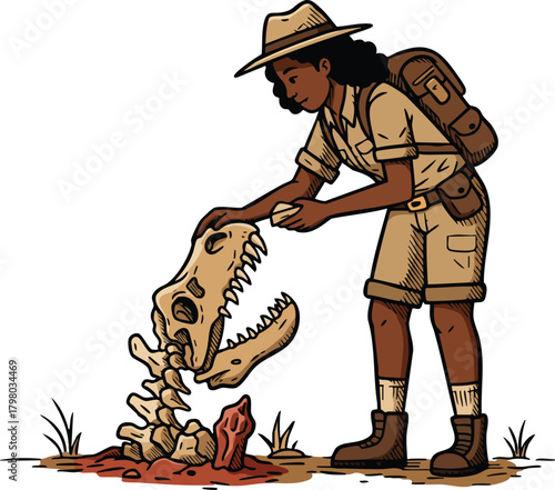 Female Archaeologist Examining Dinosaur Skull Fossil Wearing Safari Outfit and Backpack Vector Illustration 