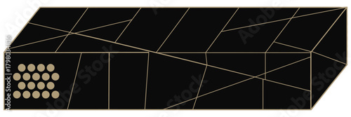 An illustration of a black rectangular prism with geometric line patterns and circular grid on the side