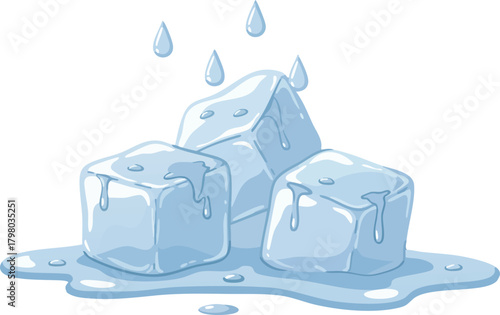 Melting ice cubes illustration with water drops and puddles in cooling concept vector image 