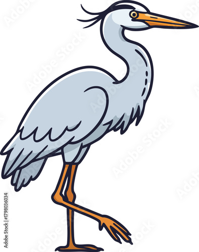 Heron bird standing on one leg with detailed feathers and long beak in natural pose vector illustration 