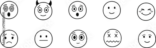 Collection of hand drawn oval faces expressing diverse emotions