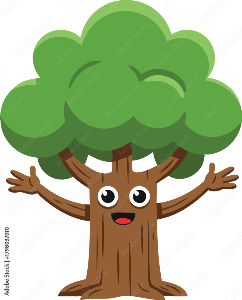 Fototapeta premium Happy tree character with green foliage and open arms cartoon vector illustration for nature and environment concepts 