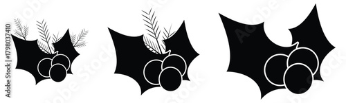 Holly Berry Christmas Icon Set – Monochrome Silhouette and Festive Leaf Illustrations