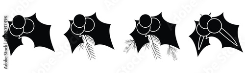 Holly Berry Christmas Icon Set – Monochrome Silhouette and Festive Leaf Illustrations