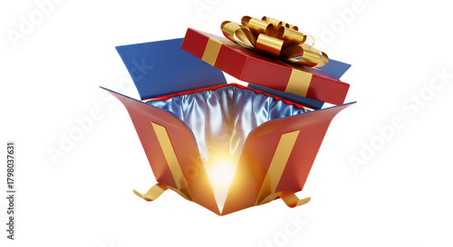 Open gift box with glowing light, red surprise present with gold ribbon, festive holiday package