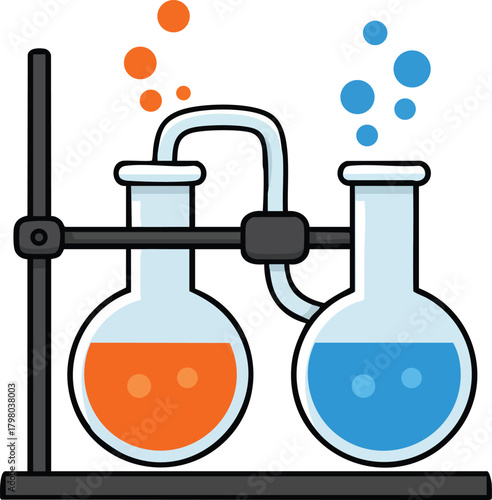 Chemistry laboratory glassware with orange and blue liquids and bubbles vector illustration for scientific experiments 