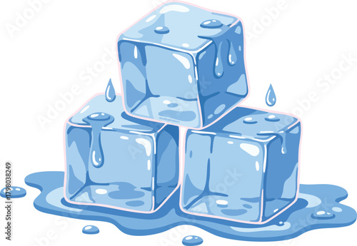 Melting ice cubes with water drops and puddles blue transparent cold illustration vector graphic design 