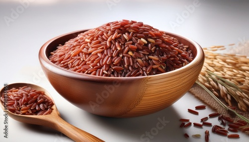 red rice variety served in a bamboo bowl with a wooden spoon perfect for pilaf