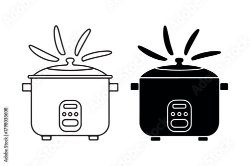 Simple line art and silhouette icons of a modern rice cooker