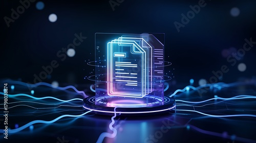 Futuristic glowing digital document icon representing data security and information technology in a dark abstract background
