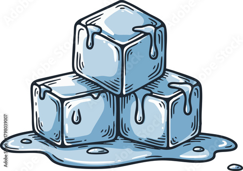 Melting ice cubes illustration with water puddle in blue shades detailed vector art 
