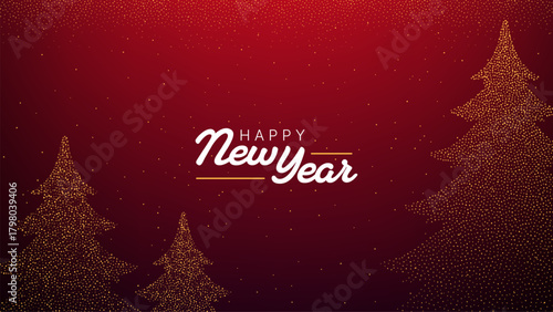 Happy new Year greeting card with dotted Christmas tree on red gradient background for holiday celebration and winter season design.